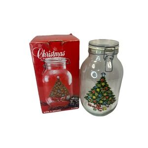 Vintage 80s Carlton Glass Christmas Tree Cookie Jar Canister Clear 3L Hinged Lid